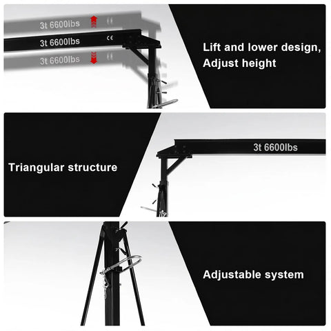 Ridiculously Strong 3 Ton Gantry Crane showing adjustable height system, triangular structure, and lift design for heavy lifting.