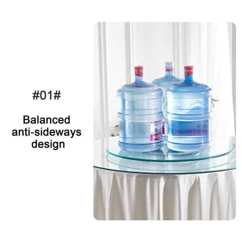 Large Round Lazy Susan Turntable With Swivel Assist System holding water jugs, 100 cm diameter glass serving tray for easy access.