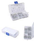 Cotter Pin Assortment Kit Six Box Set With Stainless Steel R Type Wave Latch Pins in open and closed plastic cases