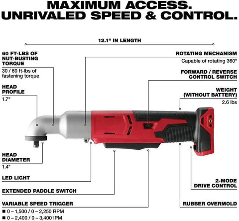 Heavy Duty Milwaukee M18 Compatible Two Speed Three Eighths Inch Right Angle Impact Wrench Bare Tool Built With A Slick Extended Paddle Switch And Killer Torque For Any Job Site Grind