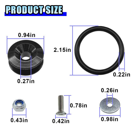 Size details of Heavy Duty Bumper Quick Release Clips Fasteners Kit includes washers, screws, aluminum parts, rubber O-ring.