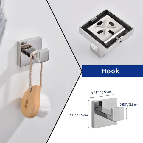 Slick Matte Black 5 Piece Bathroom Hardware Set Stainless Steel Wall Mounted Kit Includes 23.6 Inch Towel Bar 9 Inch Towel Bar Toilet Paper Holder And Two Robe Hooks Rustproof SUS304 Bath Accessories For Modern Homes, showing robe hook with brush and dimensions