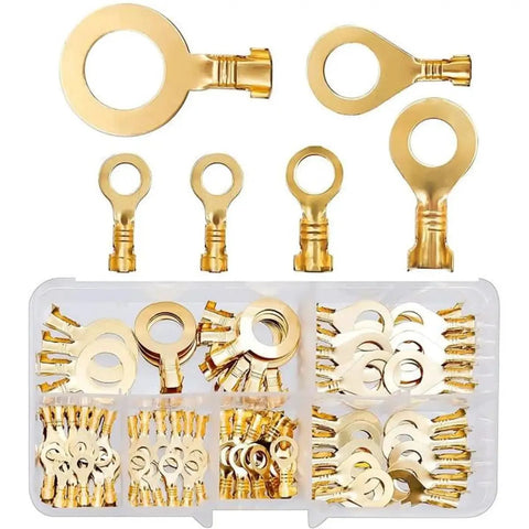 Top Shelf Heavy Duty Non Insulated Ring Terminals Solid Brass O Style Wire Connectors Pro Pack with multiple sizes in a box.