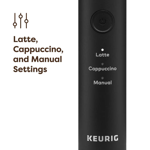 Close-up of SimpleCafe Rechargeable Handheld Milk Frother For Lattes Cappuccinos And Iced Coffee with settings for Latte, Cappuccino, Manual.
