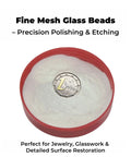 8Lb Non-Silica Glass Bead Sandblasting Media Reusable Abrasive For Rust Removal And Surface Finishing Wide Mesh Range From 20 To 240 Mesh For Heavy Rust Cleanup To Fine Polishing Easy Control Durable Blast Media in a red container with text detailing precision polishing and etching.