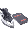 Professional Grade Industrial Steam Iron Featuring Quick Temp Toggle And Spacious Water Well For Commercial Garment Care with a metallic base and black handle.