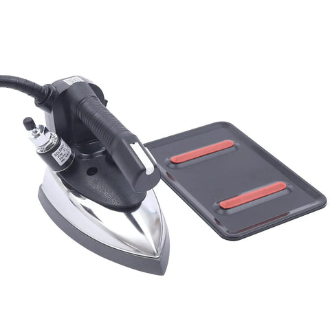 Professional Grade Industrial Steam Iron Featuring Quick Temp Toggle And Spacious Water Well For Commercial Garment Care with a metallic base and black handle.