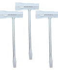 Three Piece Carbon Steel Spark Plug Wrench With Slick Ergonomic Handles For Mechanics And Diy Guys Looking For A Badass Double Ended Socket Kit That Handles Grease Work Without Any Sweat, three shiny wrenches on a white background.