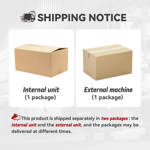 Shipping notice image showing two packages for Universal 12V Under Dash Air Conditioner with Snappy Chill and Cozy Heat.
