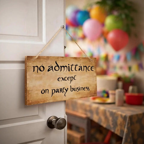 Funny No Admittance Except On Party Business Sign Rustic Wood Wall Decor with jute hanger on door at colorful party scene
