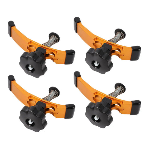 Heavy Duty Aluminum Clamp Set for T Track Systems 5-3/8 Inch Long Body 3 Inch Thick Press Plate Rubber Pads for CNC Router Milling Machine and Woodworking Benches, versatile orange clamps with black knobs.