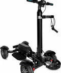 Foldable Electric Golf Push Cart With Cushioned Seat And Sturdy Umbrella Pole dual brushless motor and battery in black frame.