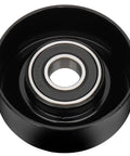 Front view of drive idler pulley, black metal housing with silver inner bearing