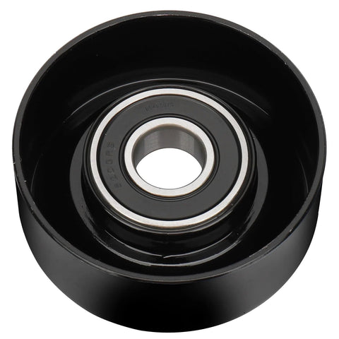 Front view of drive idler pulley, black metal housing with silver inner bearing