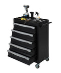 Tough As Nails Rolling Tool Chest Cart Featuring Five Roomy Drawers With Smooth Ball Bearing Slides Crafted From Heavy Duty Cold Rolled Steel With Rust Resistant Powder Coat For Garage Shop Storage, showing tools on top.