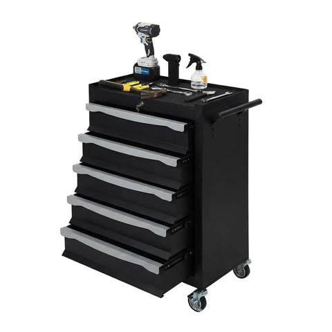 Tough As Nails Rolling Tool Chest Cart Featuring Five Roomy Drawers With Smooth Ball Bearing Slides Crafted From Heavy Duty Cold Rolled Steel With Rust Resistant Powder Coat For Garage Shop Storage, showing tools on top.