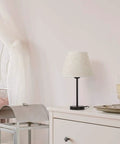 Two Pack Bedside Table Lamps Set for Bedroom and Living Room, Modern Small Desk Lamps With Ivory White Barrel Fabric Shade And Metal Base, Silver Finish, Lit Nightstand Lighting on white dresser