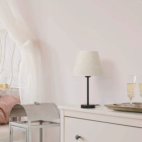 Two Pack Bedside Table Lamps Set for Bedroom and Living Room, Modern Small Desk Lamps With Ivory White Barrel Fabric Shade And Metal Base, Silver Finish, Lit Nightstand Lighting on white dresser
