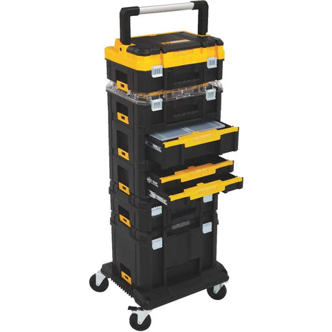 Tool Storage Organizer Cart For TSTAK System With Heavy Duty Wheels, showcasing stacked compartments and rugged design.