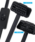 Close-up of Must-Have OBD II 16 Pin Extension Cable With Switch, 0.6M 2Ft, 90 Degree Right Angle, Male to Female connectors