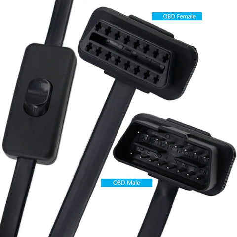 Close-up of Must-Have OBD II 16 Pin Extension Cable With Switch, 0.6M 2Ft, 90 Degree Right Angle, Male to Female connectors