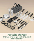 24 Piece Griddle Tool Set With Storage Tote Stainless Steel Flat Top Grill Accessories including spatulas and tongs.
