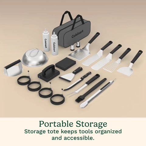 24 Piece Griddle Tool Set With Storage Tote Stainless Steel Flat Top Grill Accessories including spatulas and tongs.