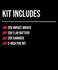 20 Volt Brushless Cordless Impact Driver Kit Including Quick Charge Battery, Quarter Inch Hex Collet, Built In Led Work Light, Straight Up Heavy Duty Workhorse For Serious Diy And Pro Construction Projects kit includes impact driver, battery, charger, and bit list.