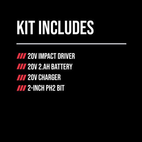 20 Volt Brushless Cordless Impact Driver Kit Including Quick Charge Battery, Quarter Inch Hex Collet, Built In Led Work Light, Straight Up Heavy Duty Workhorse For Serious Diy And Pro Construction Projects kit includes impact driver, battery, charger, and bit list.