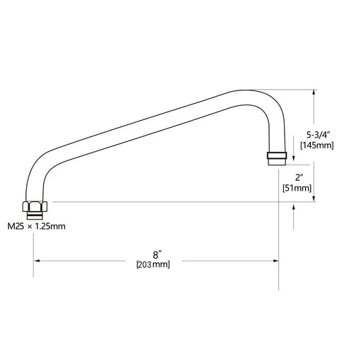 Dimensions diagram of 8 Inch Swivel Spout Replacement Kit for Commercial Kitchen Sink Faucets with M25x1.25mm Connector 2 GPM Aerator