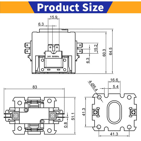 Technical drawing of One Pole 30 Amp 24V Coil Air Conditioner Condenser Contactor with dimensions