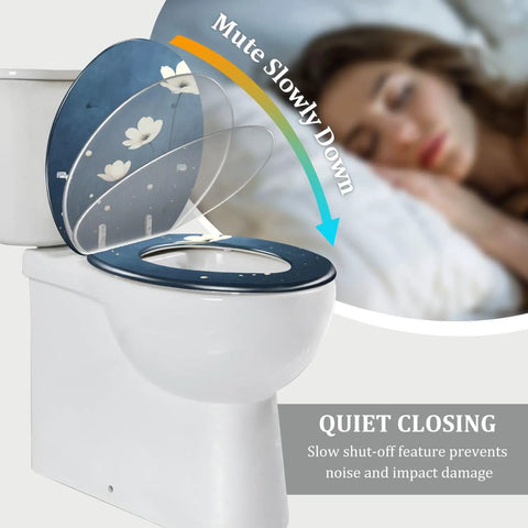 Toilet Seat Replacement Round for Bathroom with floral design, 14.5" x 16.5", features quiet closing mechanism.
