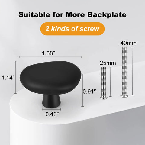 Legit Premium Matte Black Pebble Cabinet Knobs For Dresser Drawers In A Solid Ten Pack with size and screw details.