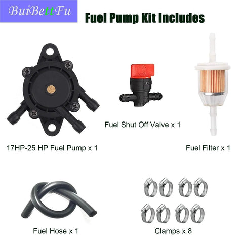 Replacement Fuel Pump For Lawn Mower With 24 393 04-S And 24 393 16-S 17HP To 25HP Engines Includes Fuel Filter And Fuel Line Shut Off Valve For Kawasaki Honda Deere Plug And Play Direct Fit Mower Parts shown with components