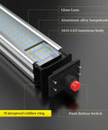 Close-up of 24W LED Work Light With 20 Inch Long Arm, Aluminum Alloy Housing, showing push button switch and waterproof features.