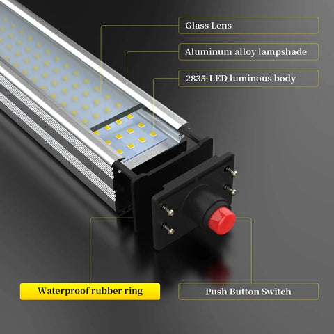 Close-up of 24W LED Work Light With 20 Inch Long Arm, Aluminum Alloy Housing, showing push button switch and waterproof features.