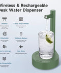 Green Compact Desktop Water Dispenser For 5 Gallon Bottles With USB C Fast Charge, pumping water into a glass, features listed.