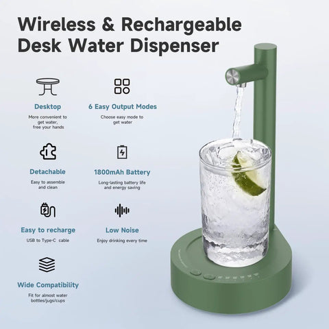 Green Compact Desktop Water Dispenser For 5 Gallon Bottles With USB C Fast Charge, pumping water into a glass, features listed.