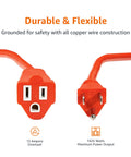 Close-up of Heavy Duty 50-Foot Indoor Outdoor Extension Cord With 3 Prong Grounded Plug, orange color, showing both ends, ETL certified.