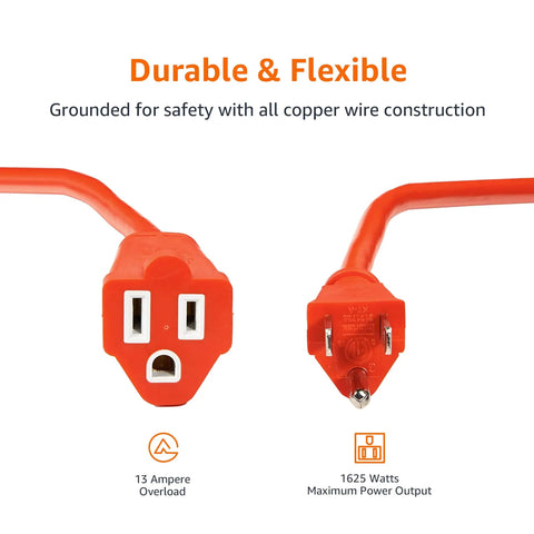 Close-up of Heavy Duty 50-Foot Indoor Outdoor Extension Cord With 3 Prong Grounded Plug, orange color, showing both ends, ETL certified.