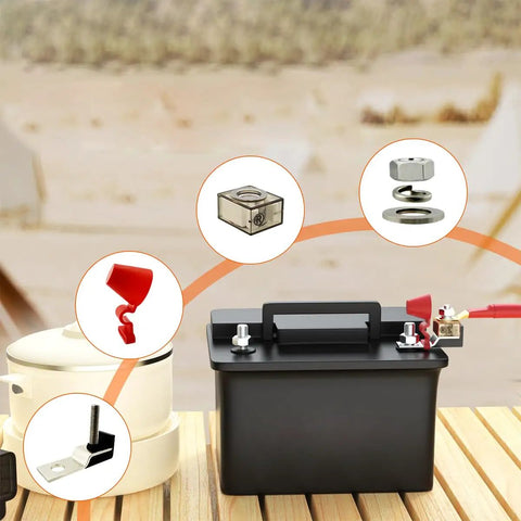 Heavy Duty 100 Amp IP66 Waterproof Fuse Block Kit With 5/16 Inch Stud Terminals For RV Car Boat Crane And Charging Stations Five Pack Durable Ceramic PPS Housing Delivers Reliable Battery Protection On The Move. Black battery fuse block with 5/16 inch studs and cable connected