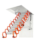 Heavy Duty Electric Telescopic Attic Stairs Pull Down Ladder With Smooth Remote Control And Silent Soundproof Door Rock Solid Frame Handles 1102 Lbs, showcasing orange handles and sturdy design