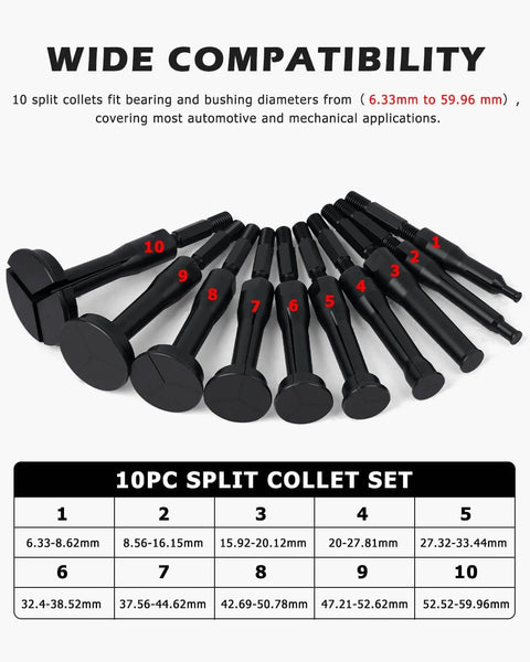 Blind Hole Collet Bearing Puller Set With Slide Hammer 16 Piece Inner Bearing Extractor Kit with 10 split collets from 6.33 to 59.96 mm