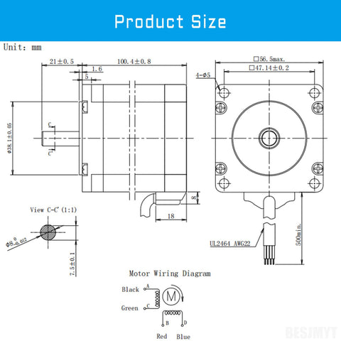 BESJMYT 57 NEMA 23 stepper motor: front and side views with 100 mm body, 2-phase 4-lead wiring diagram.