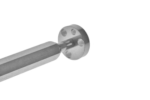 Side view of a 12-inch aluminum camshaft installation handle with a round flange and multiple holes for SBC/LS engines