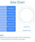 Size chart for All In One 200 Set Button Maker Supplies Kit For 58mm Buttons, showing paper and film dimensions.