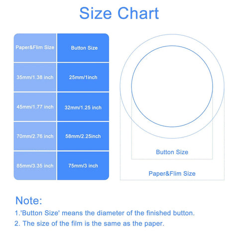 Size chart for All In One 200 Set Button Maker Supplies Kit For 58mm Buttons, showing paper and film dimensions.