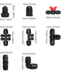 Six Pack Five Sixteenth Inch Drip Irrigation Tee Connectors Barbed Lock Fittings, multiple angles and dimensions shown.