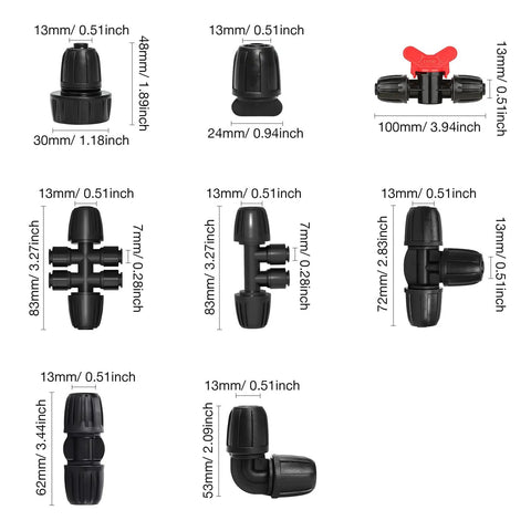 Assorted fittings in 10 Pack Reducing Tee Connectors For Drip Irrigation Five Sixteenths To One Quarter Inch Splitter Tee.