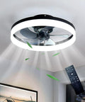 20 Inch Flush Mount Ceiling Fan With Remote And App Control Black Slick Low Profile Modern Ceiling Fan With 6 Speeds And Dimmable LED Lights Quiet Energy Efficient For Bedroom And Living Room, remote in view, installed on ceiling